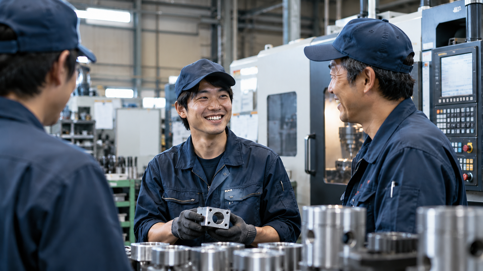 採用情報ページのイメージ：工場内で談笑する作業着の従業員